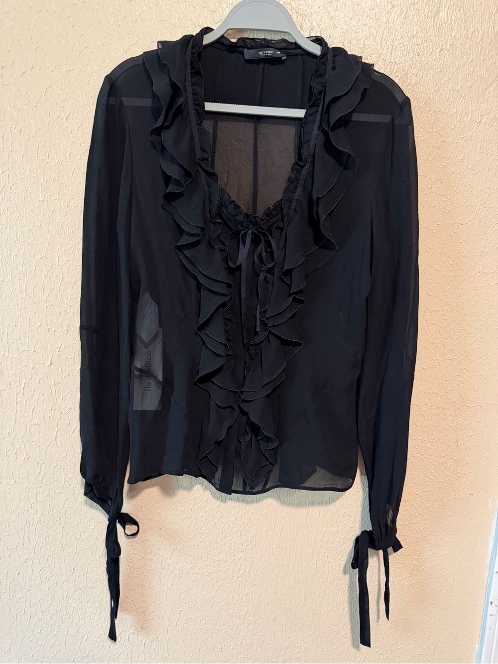 ETRO Sheer Blouse Top Size 44 Black Ruffle Silk Luxury Whimsical